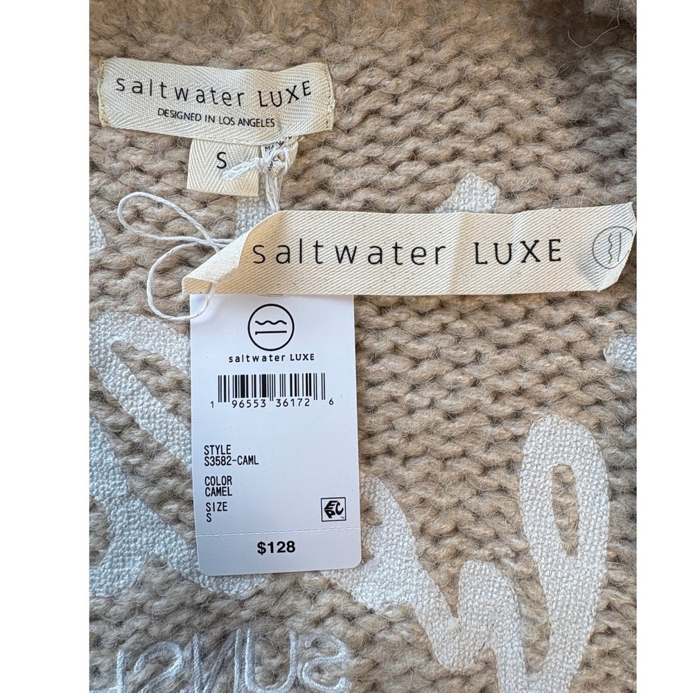 Saltwater Luxe Hello Sunshine Chunky Knit Cardigan Camel Striped Sleeve S NWT - Picture 6 of 6